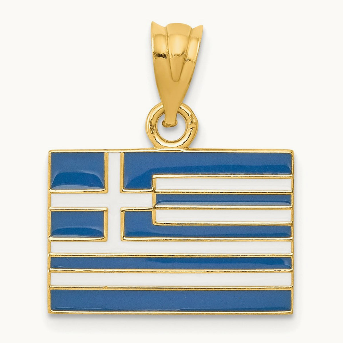 Solid Enameled Greece Flag Pendant, 14K