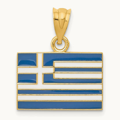 Solid Enameled Greece Flag Pendant, 14K