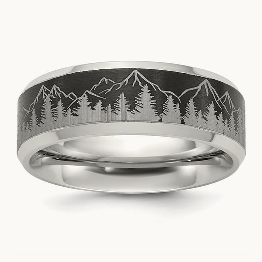 Brushed Center Laser Design Mountains Band, 8mm, Titanium