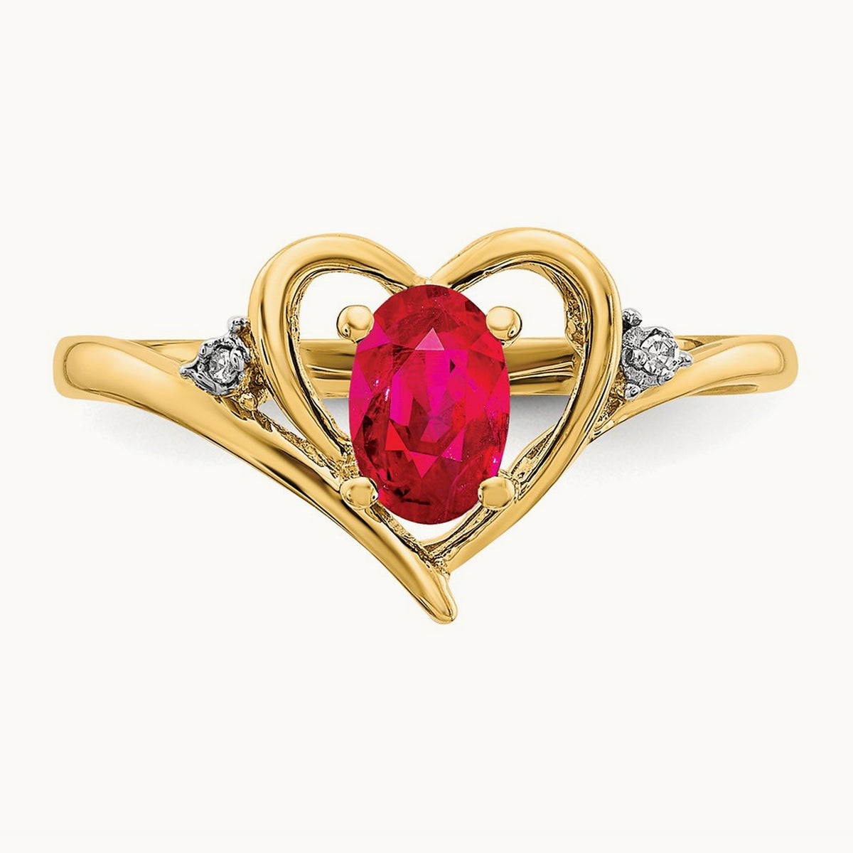Ruby and Diamond Heart Ring — 14K Yellow Gold, 7