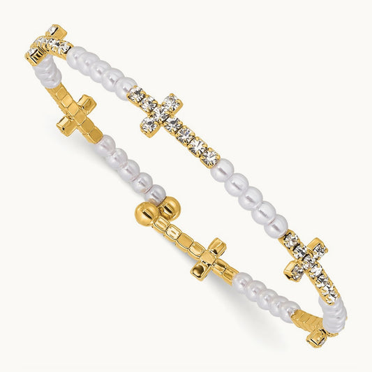 Flash Gold-tone Imitation Acrylic Pearl/Crystal Cross Flexible Bangle