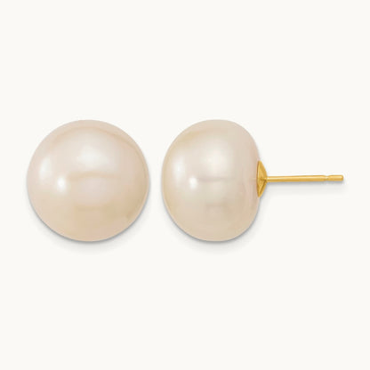 13- White Button Freshwater Cultured Pearl Post Earrings, 14mm, 14K