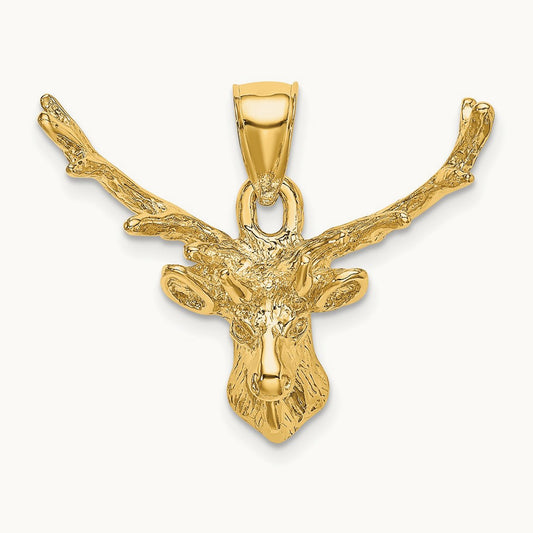2-D Deer Head 8 Point Buck Charm, 14K