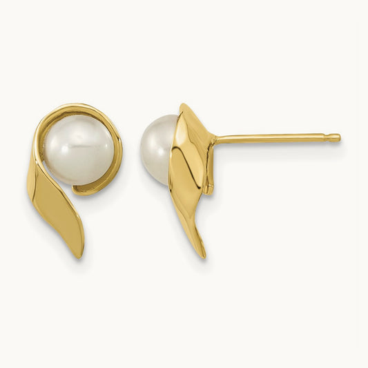 5- White Button Freshwater Cultured Pearl Post Earrings, 6mm, 14K