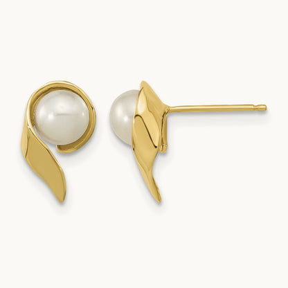 5- White Button Freshwater Cultured Pearl Post Earrings, 14K