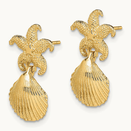 Starfish /Scallop Shell Dangle Earrings, 14K
