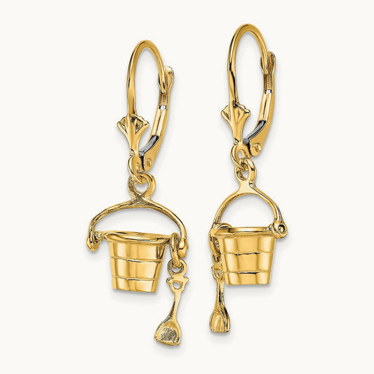 3-D Beach Bucket w/ Shovel Leverback Earrings, 14K