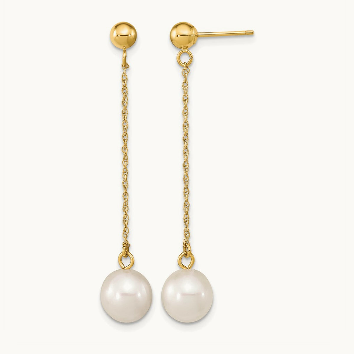 Round Freshwater Cultured Pearl Post Dangle Earrings — 14K Yellow Gold