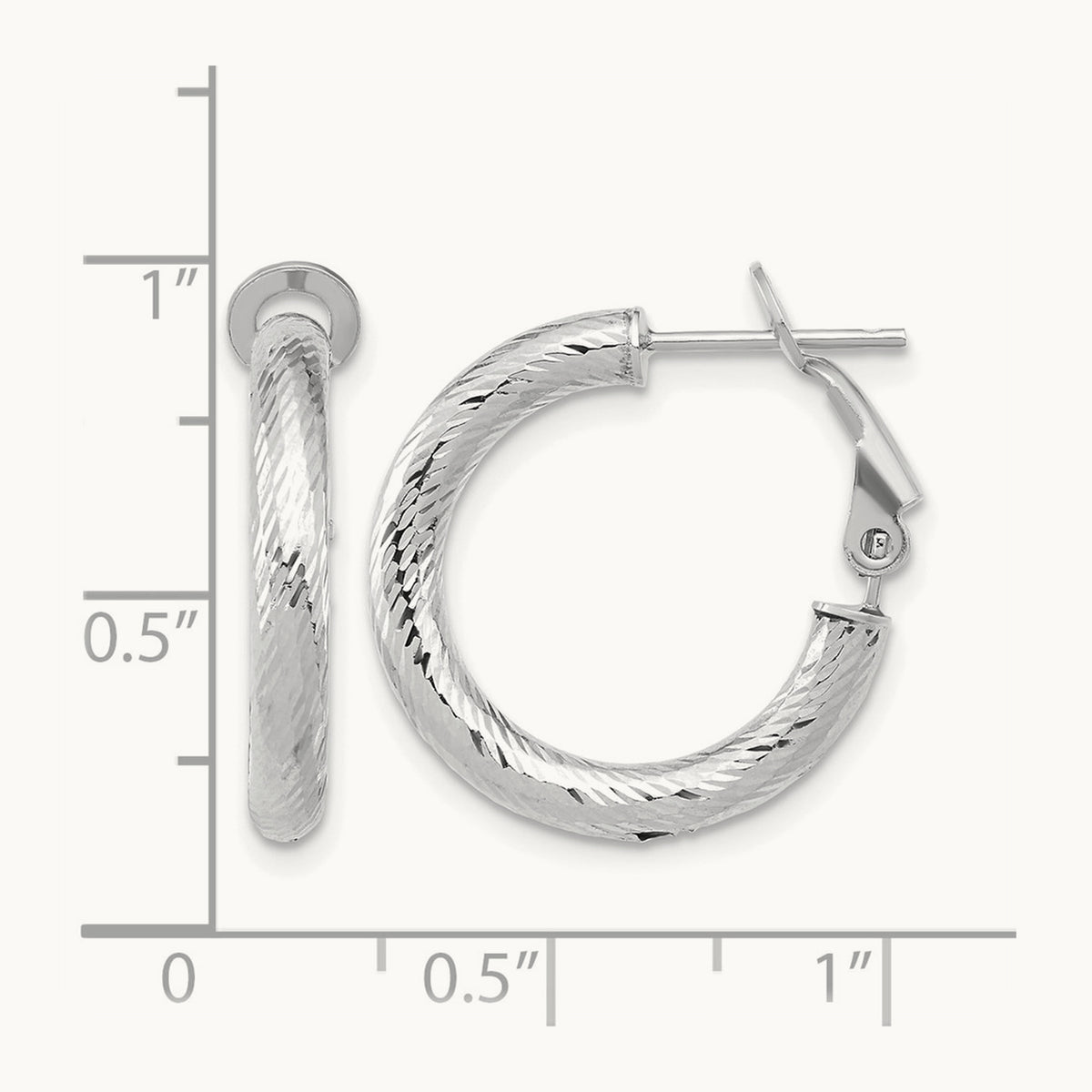 3x15 w/ White Rhod Plating D/C Round Omega Back Hoop Earrings, 14K — Leslie's