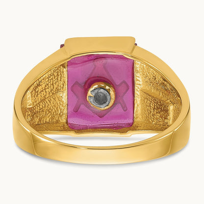 Men's Textured w/ Black Enamel & Lab Cr. Ruby Masonic Ring, 14K