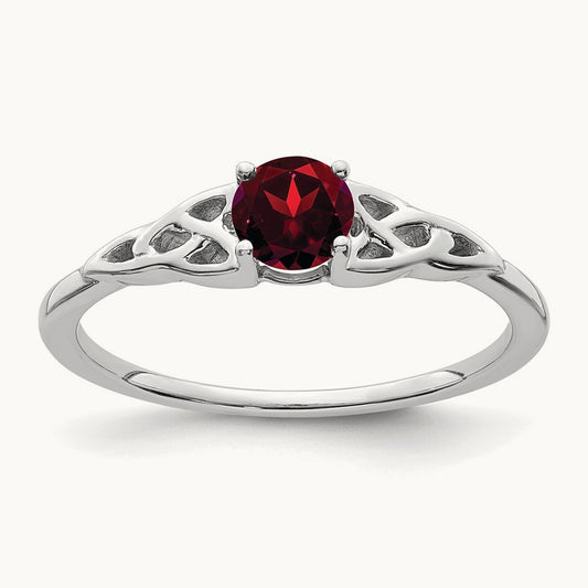 Garnet Celtic Knot Ring — 14K White Gold, 7