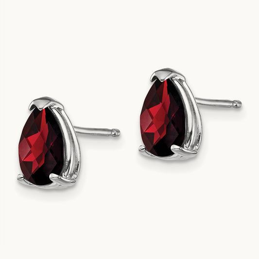 8x5mm Pear Garnet Checker Earrings, 14K White Gold
