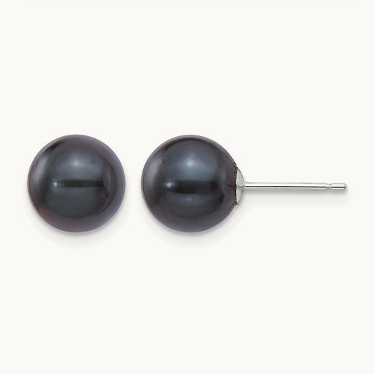 8- Round Black Saltwater Akoya Cultured Pearl Earrings, 9mm, 14K White Gold