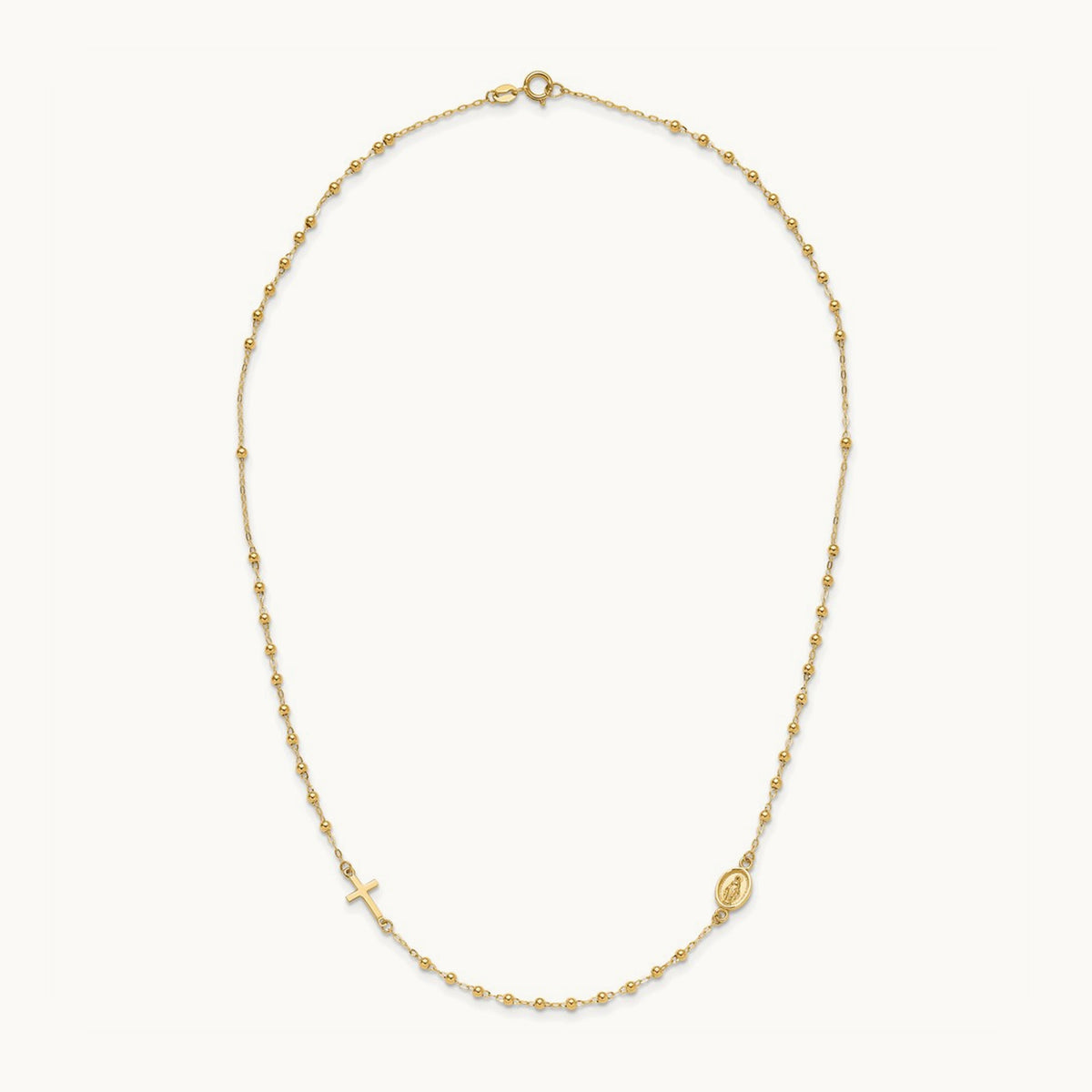 Polished Miraculous Medal and Cross Rosary Design Necklace, 14K