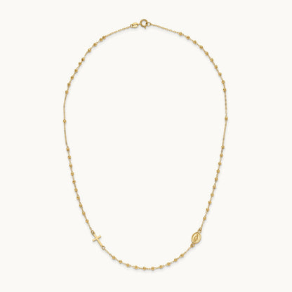 Polished Miraculous Medal and Cross Rosary Design Necklace, 14K