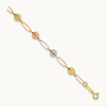 Tri-Color D/C Beads Link Bracelet, 14K