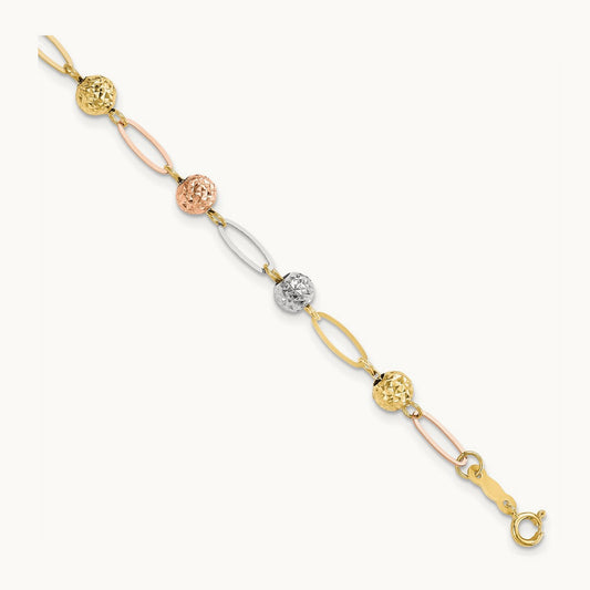 Tri-Color D/C Beads Link Bracelet, 14K