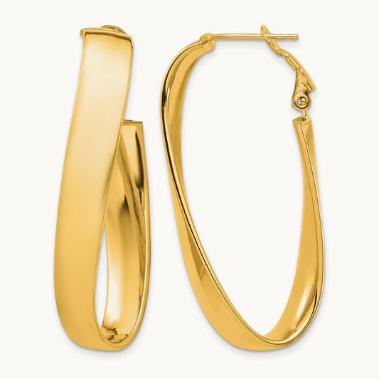 High Polished Twisted Omega Back Oval Hoop Earrings, 7mm, 14K