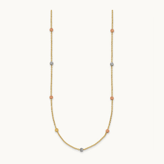 Tri-color Polished & D/C Beaded Necklace, 14K