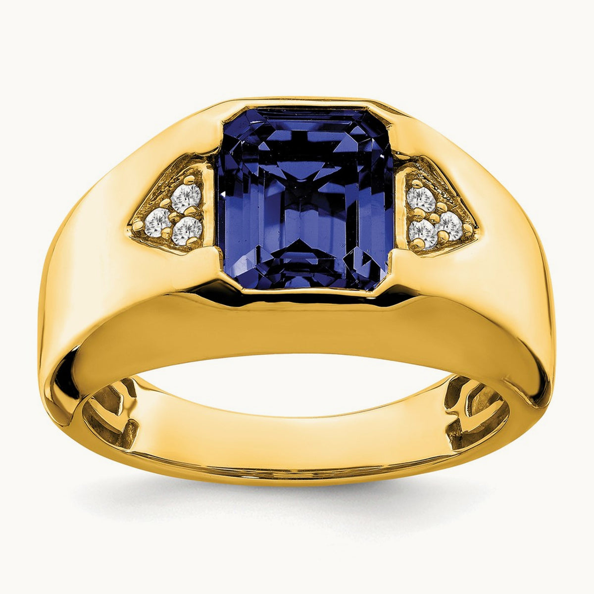 Emerald-cut Created Sapphire and Lab-Grown Diamond Men's Ring — 14K Yellow Gold