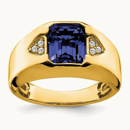 Emerald-cut Created Sapphire and Lab-Grown Diamond Men's Ring — 14K Yellow Gold
