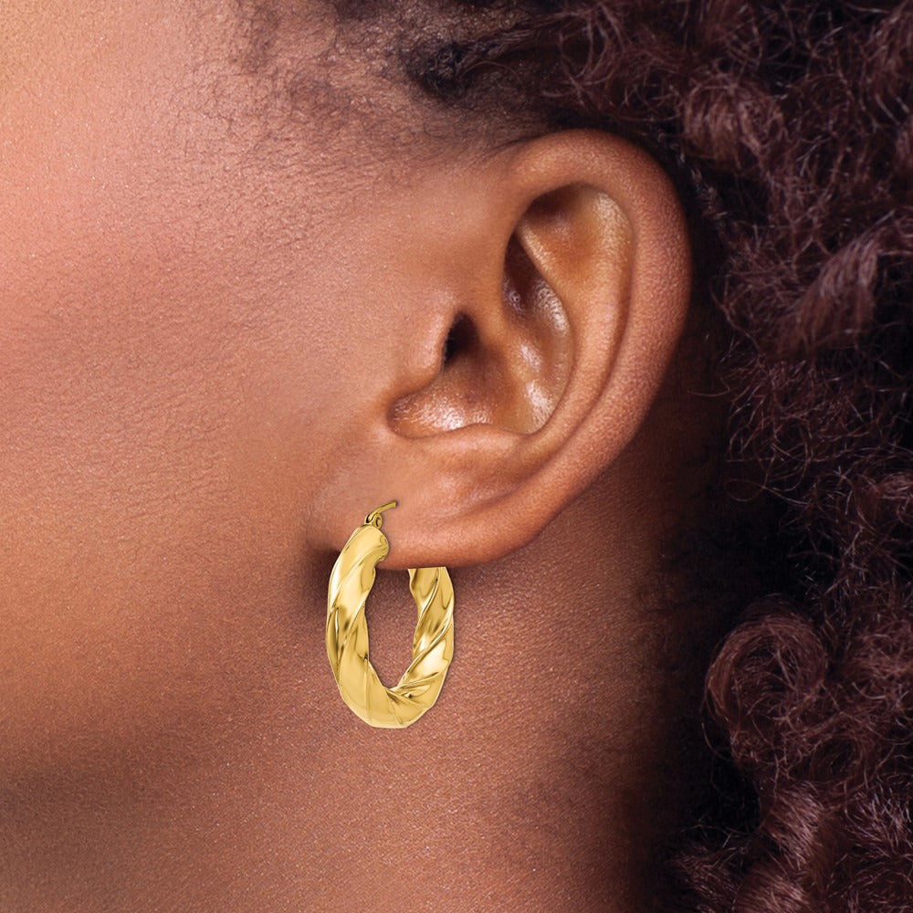 Square Tube Twisted Hoop Earrings — 14K Yellow Gold, 17mm, 5.0mm