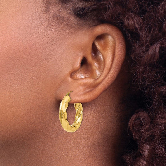 Square Tube Twisted Hoop Earrings — 14K Yellow Gold, 17mm, 5.0mm