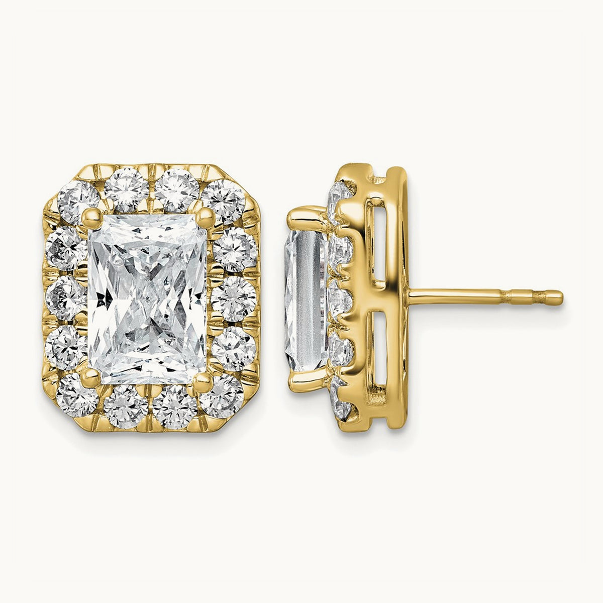 Radiant Halo Post Earrings, 0.50-8.50 ct tw Lab-Grown Diamond — 7 ct, 14K Yellow Gold