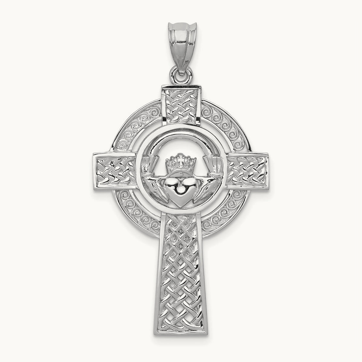 Celtic Claddagh Cross Pendant — 14K White Gold