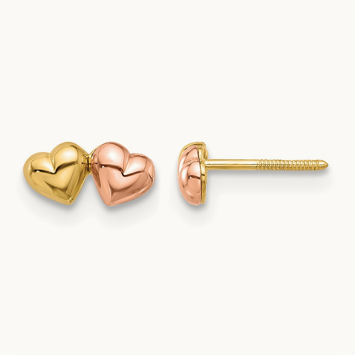 Double Hearts Screwback Post Earrings, 14K Two-tone