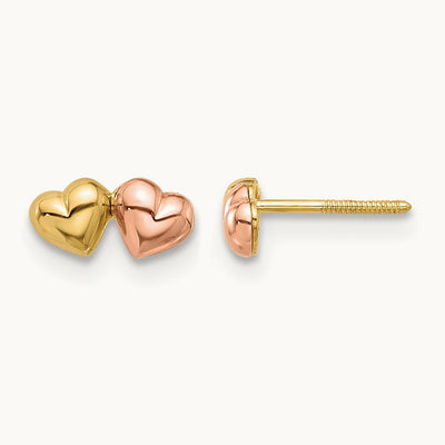 Double Hearts Screwback Post Earrings, 14K Two-tone