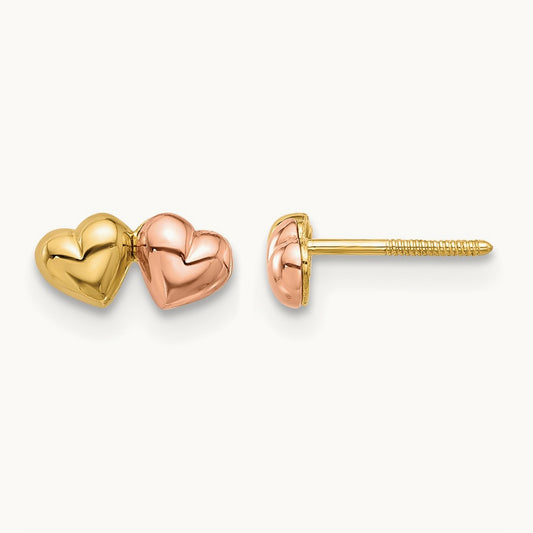 Double Hearts Screwback Post Earrings, 14K Two-tone
