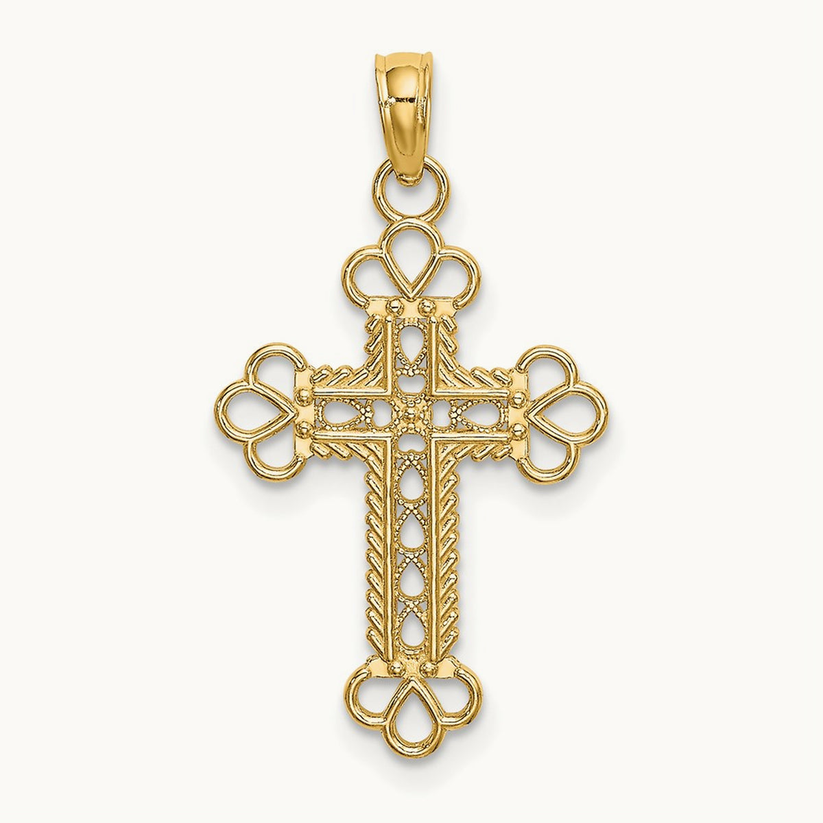 Textured and Cut-Out W/ Rope Frame Block Cross Charm, 14K