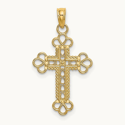 Textured and Cut-Out W/ Rope Frame Block Cross Charm, 14K