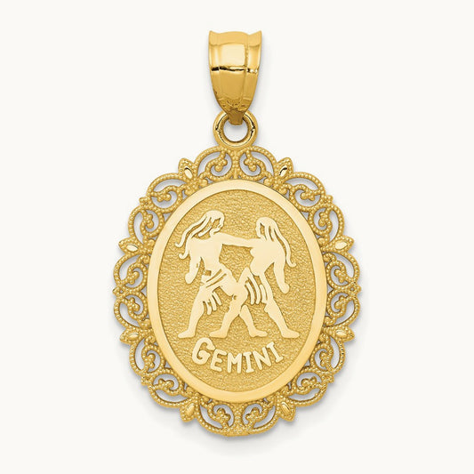 Solid Satin Polished Gemini Zodiac Oval Pendant, 14K