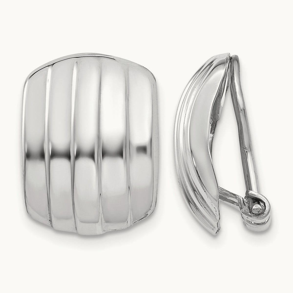 Polished Ribbed Non-pierced Omega Back Earrings, 14K White Gold