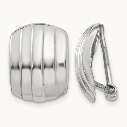 Polished Ribbed Non-pierced Omega Back Earrings, 14K White Gold