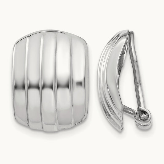 Polished Ribbed Non-pierced Omega Back Earrings, 14K White Gold