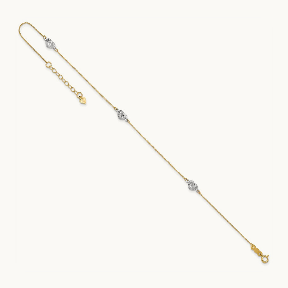 Puff Heart 10in Plus 1in ext Anklet, 14K Two-tone