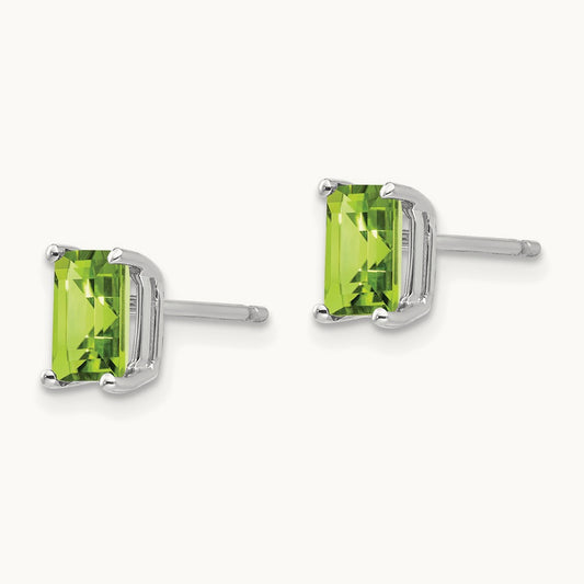 6x4mm Emerald Cut Peridot Earrings, 14K White Gold