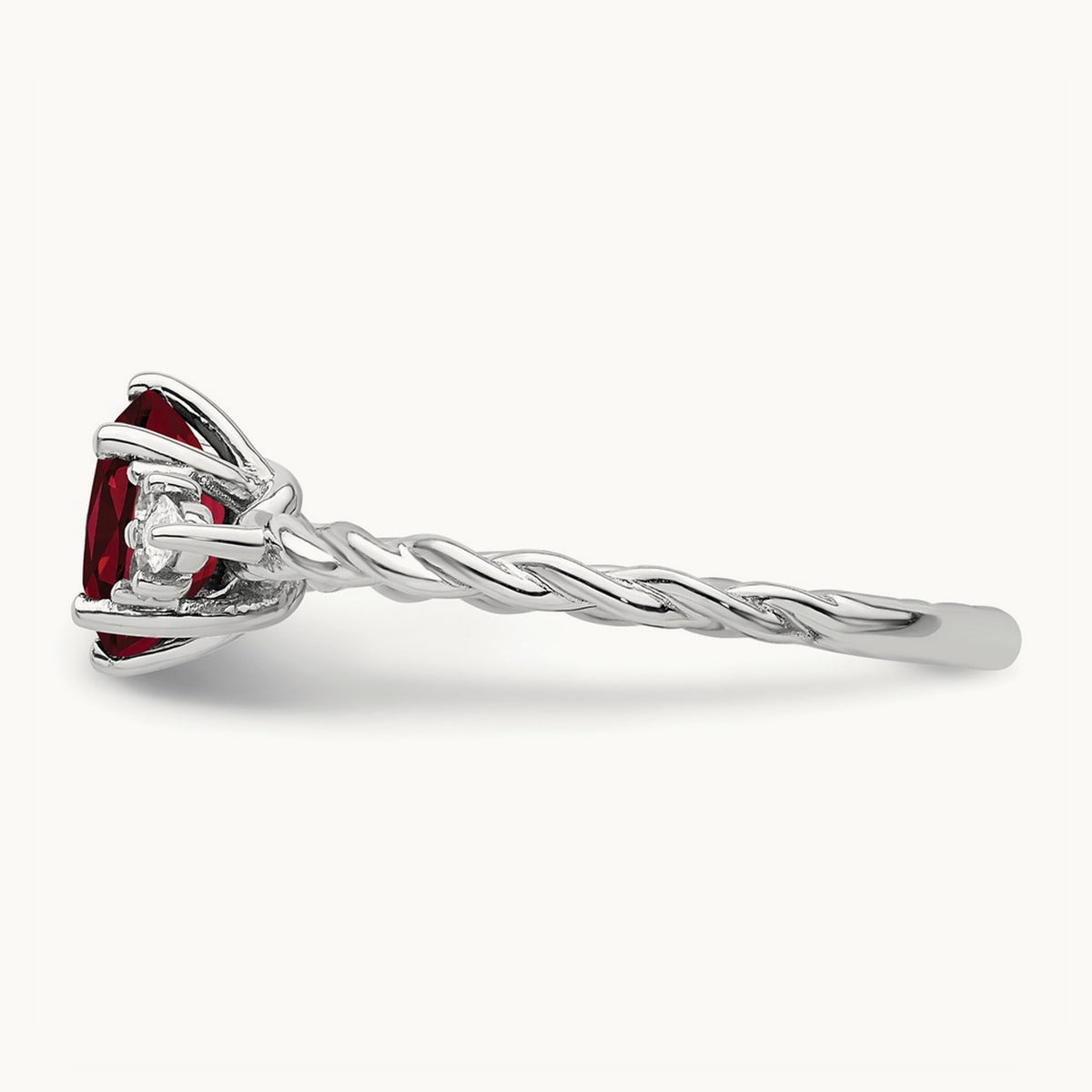 Polished Diamond and Lab Created Ruby Twisted Ring — 14K White Gold