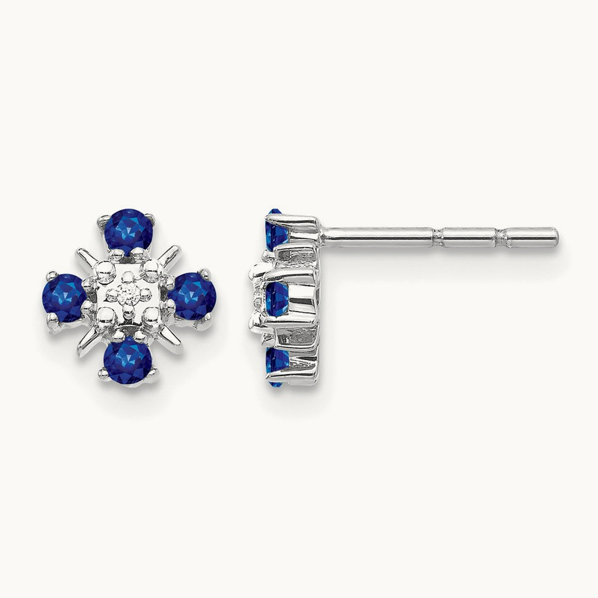 Blue Sapphire and Diamond Post Earrings — 14K White Gold