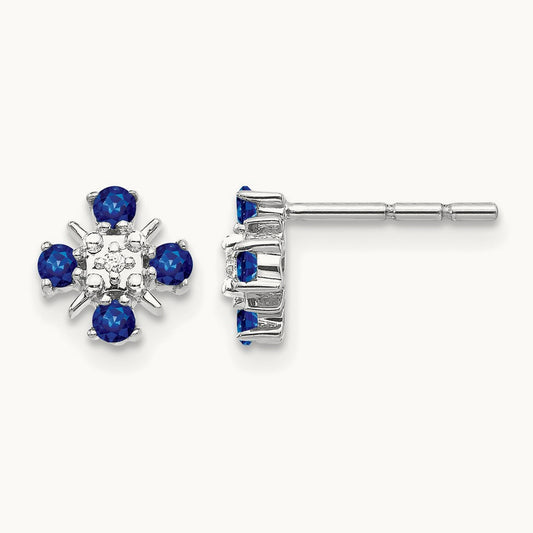 Blue Sapphire and Diamond Post Earrings — 14K White Gold