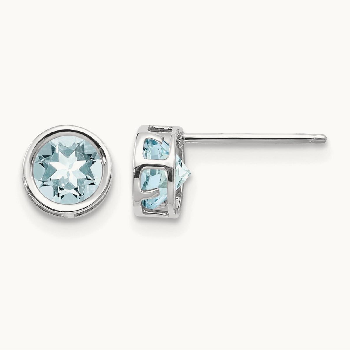 Bezel Aquamarine Stud Earrings — 14K White Gold
