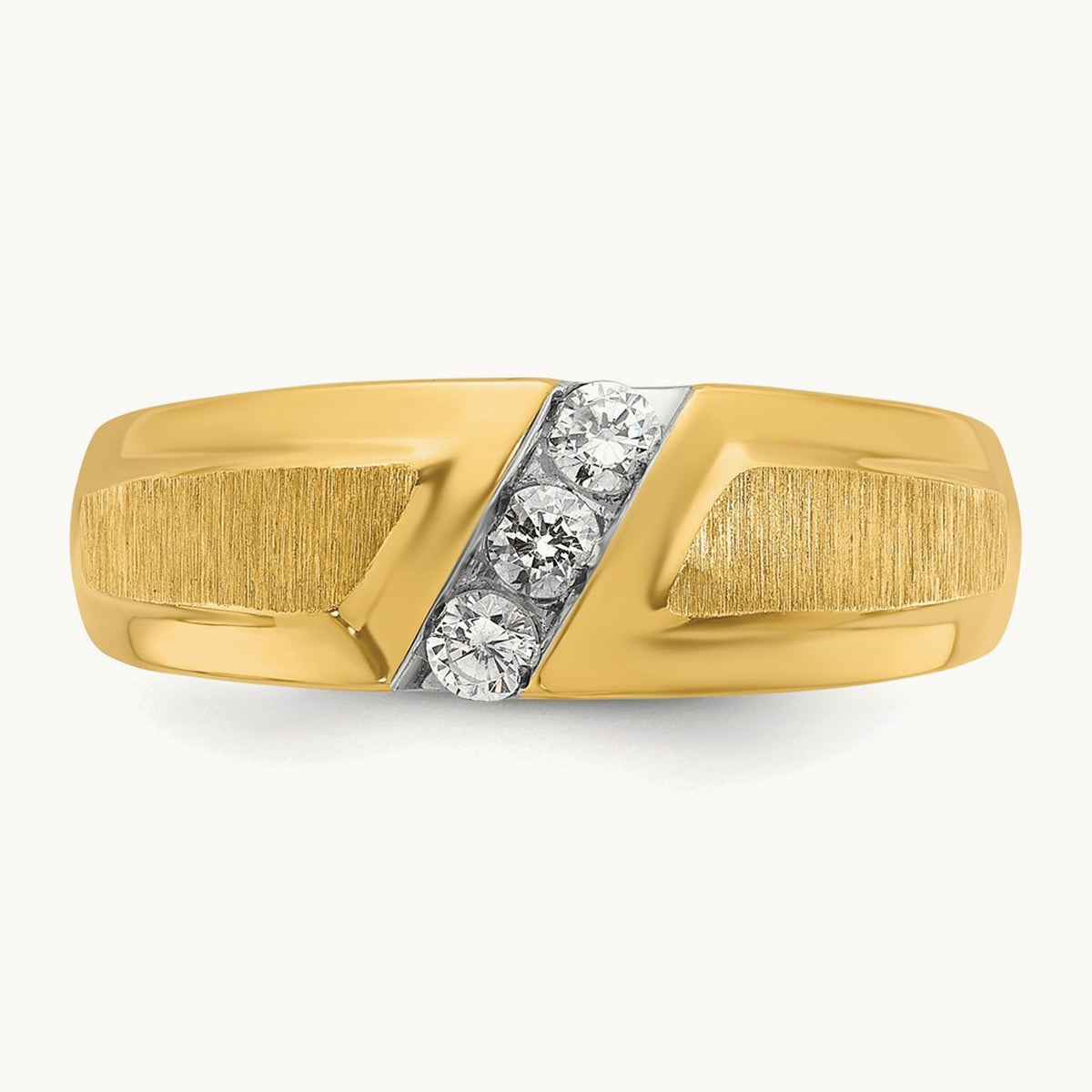 Men's Polished and Satin 3-Stone Diamond Ring — 14K Yellow Gold & Rhodium, 0.27 ct