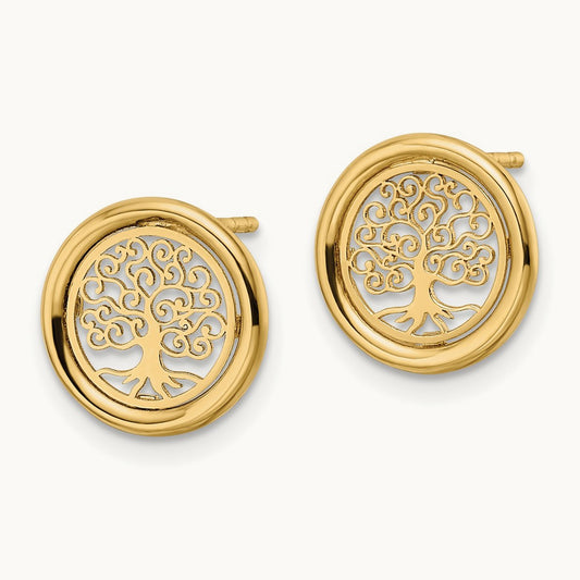 Polished Tree of Life in Circle Post Earrings, 14K