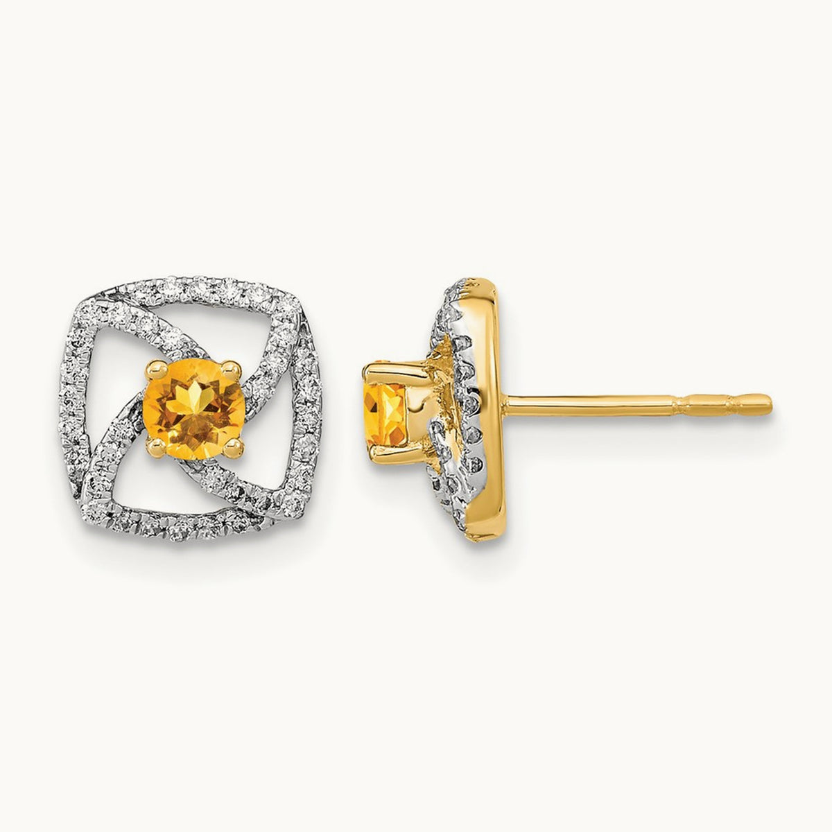 Polished Diamond and Citrine Square Post Earrings, 14K
