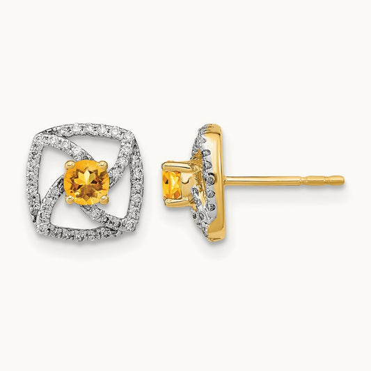 Polished Diamond and Citrine Square Post Earrings, 14K
