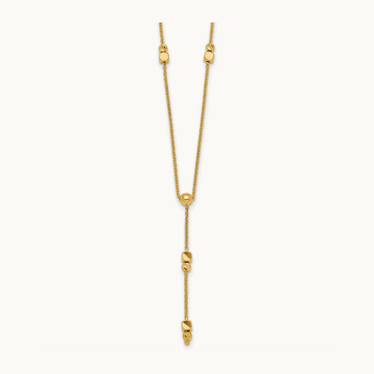 Polished Diamond-cut & Beaded Lariat 16in w/2in Ext Necklace, 14K