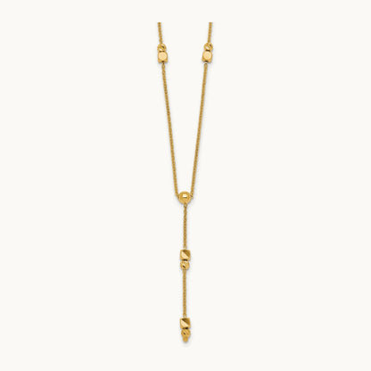 Polished Diamond-cut & Beaded Lariat 16in w/2in Ext Necklace, 14K